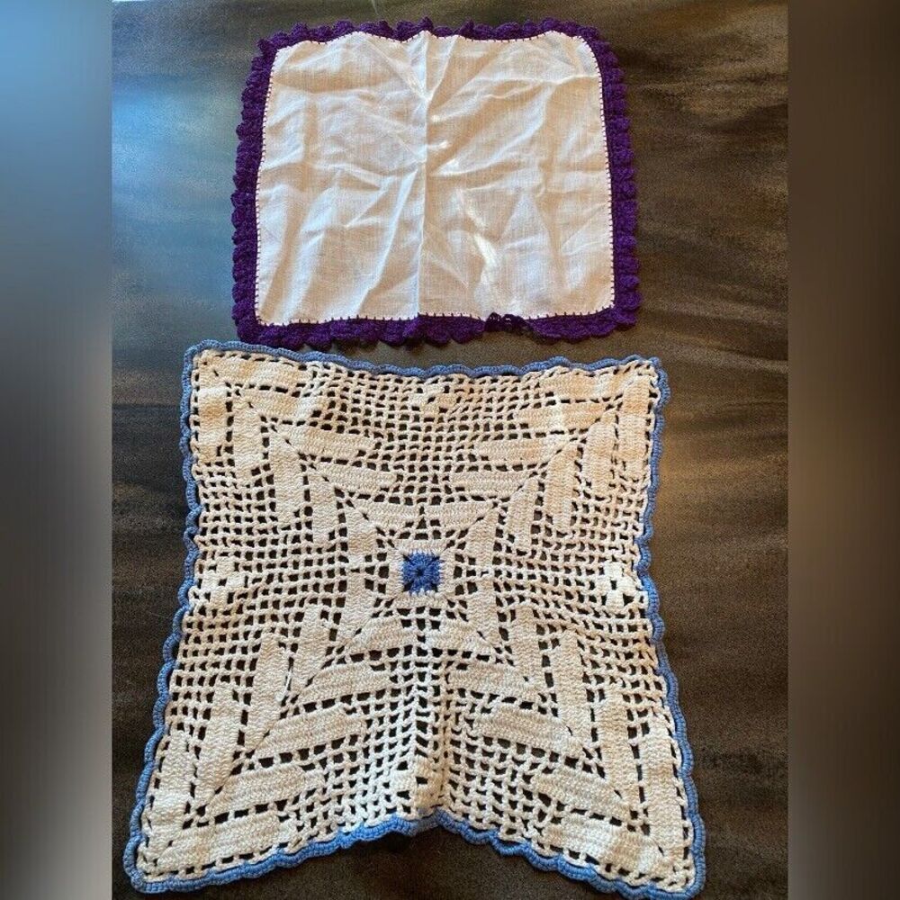 2 Vintage Table Doilies Square Crocheted Grandmacore